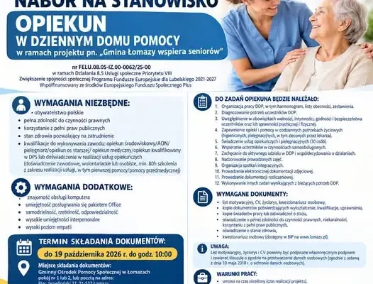 Gmina Łomazy szuka opiekuna dla seniorów w Dziennym Domu Pomocy