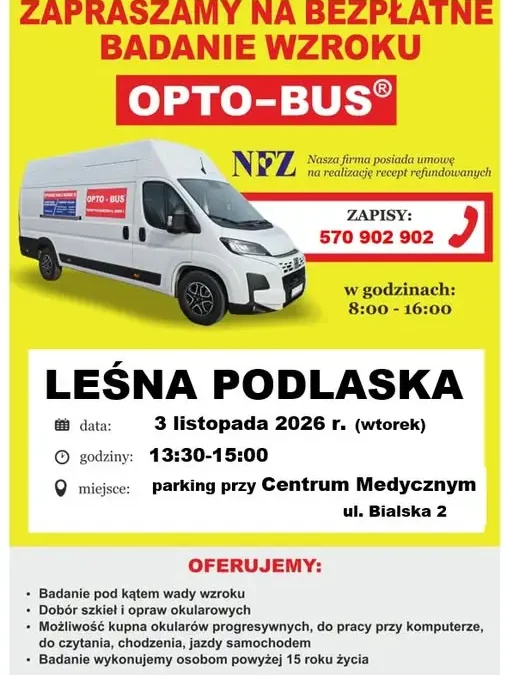 Bezpłatne badanie wzroku w Leśnej Podlaskiej – Opto-Bus już 3 listopada