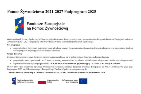 Gmina Zalesie: Rusza pomoc żywnościowa w ramach Programu Fundusze Europejskie na Pomoc Żywnościową 2021-2027