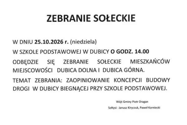 Zebranie sołeckie w Dubicy Dolnej i Górnej – 25 października 2026