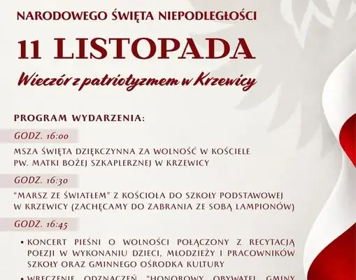 Gminne Obchody Narodowego Święta Niepodległości w Krzewicy – program i zaproszenie