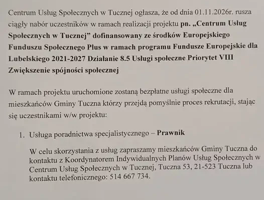 Tuczna: od listopada rusza bezpłatne poradnictwo prawne dla mieszkańców gminy