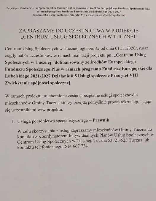 Tuczna: od listopada rusza bezpłatne poradnictwo prawne dla mieszkańców gminy