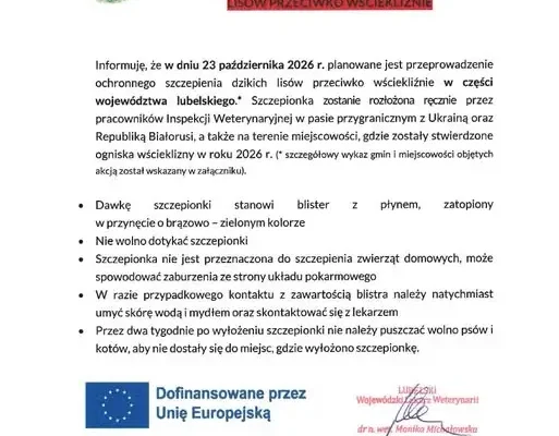 Gmina Zalesie: szczepienie lisów przeciw wściekliźnie już 23 października