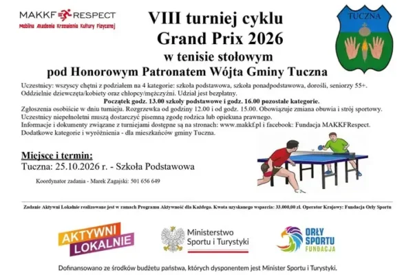 Tuczna: VIII Turniej Grand Prix w Tenisie Stołowym już w niedzielę