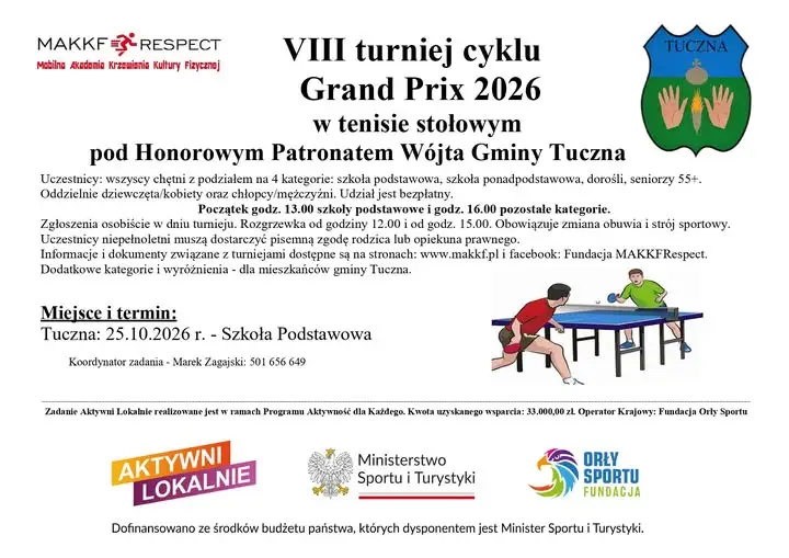 Tuczna: VIII Turniej Grand Prix w Tenisie Stołowym już w niedzielę