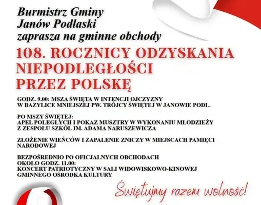 Janów Podlaski zaprasza na obchody 108. rocznicy odzyskania niepodległości