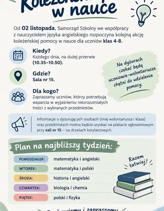 Samorząd Uczniowski ze Szkoły w Rogoźnicy organizuje koleżeńską pomoc w nauce